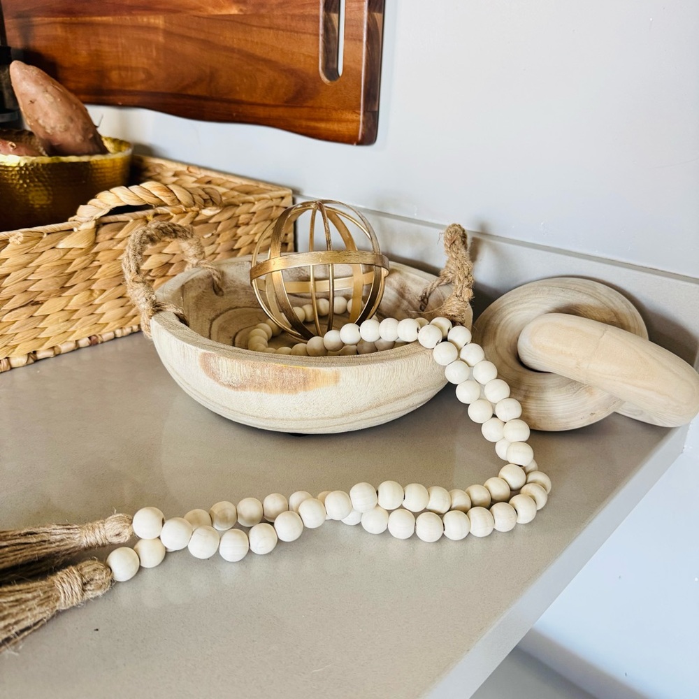 NEW POTTERY BARN White Cream Tan Wood Decor Low Bowl Knot Beads Chain Sphere - Picture 13 of 16